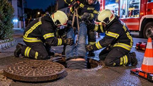 Muž zůstal hlavou dolů v kanalizační šachtě. Ven mu museli pomoci hasiči
