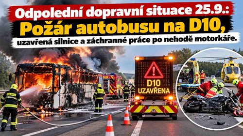 Odpolední dopravní situace: Požár autobusu na D10, uzavřená silnice a záchranné práce po nehodě motorkáře