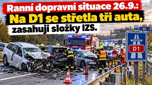 Ranní dopravní situace: Na D1 se střetla tři auta, zasahují složky IZS. Dálnici omezují také práce