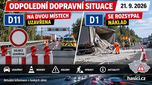 Odpolední dopravní situace: D11 je na dvou místech uzavřena, na D1 se rozsypal náklad