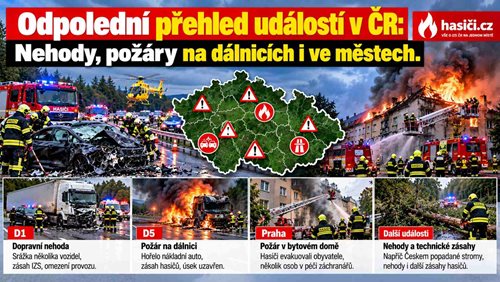 Odpolední přehled událostí v ČR: Nehody na dálnicích i ve městech. Na D1 havaroval kamion, v Praze tři auta