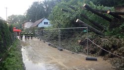  Hasiči odstraňovali stromy z budovy a silnice po nedělním sesuvu půdy v Kopřivnici