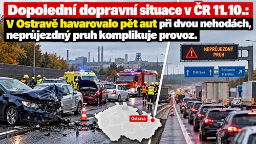 Dopolední dopravní situace v ČR: V Ostravě havarovalo pět aut při dvou nehodách, neprůjezdný pruh komplikuje provoz