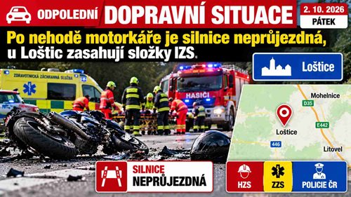 Odpolední dopravní situace: Po nehodě motorkáře je silnice neprůjezdná, u Loštic zasahují složky IZS